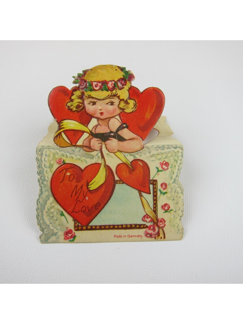 Vintage Valentine Card Cutout Stand Up Girl Blonde Hair Flower Wreath UNSIGNED
